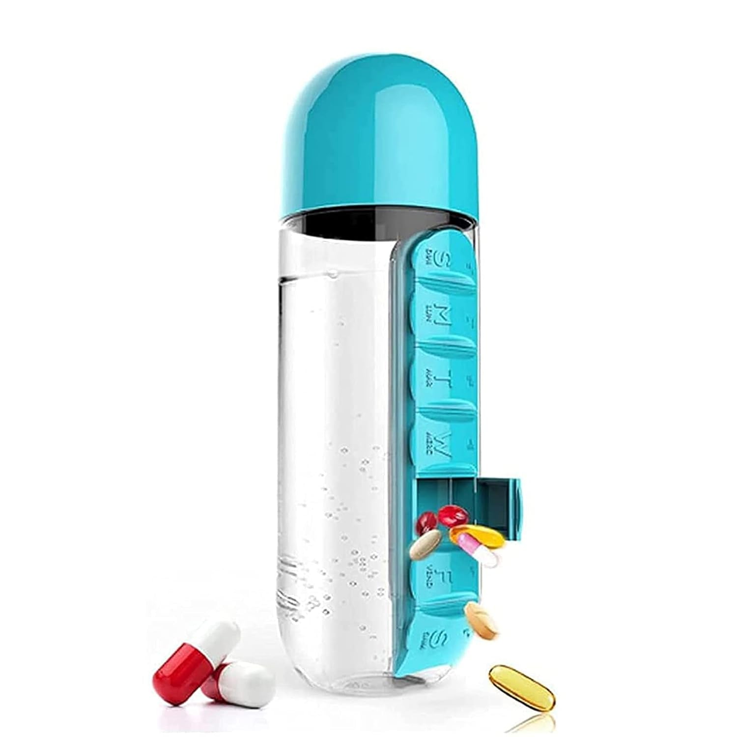 Side profile of the Pill Organizer Water Bottle, showcasing the distinct pill sections.