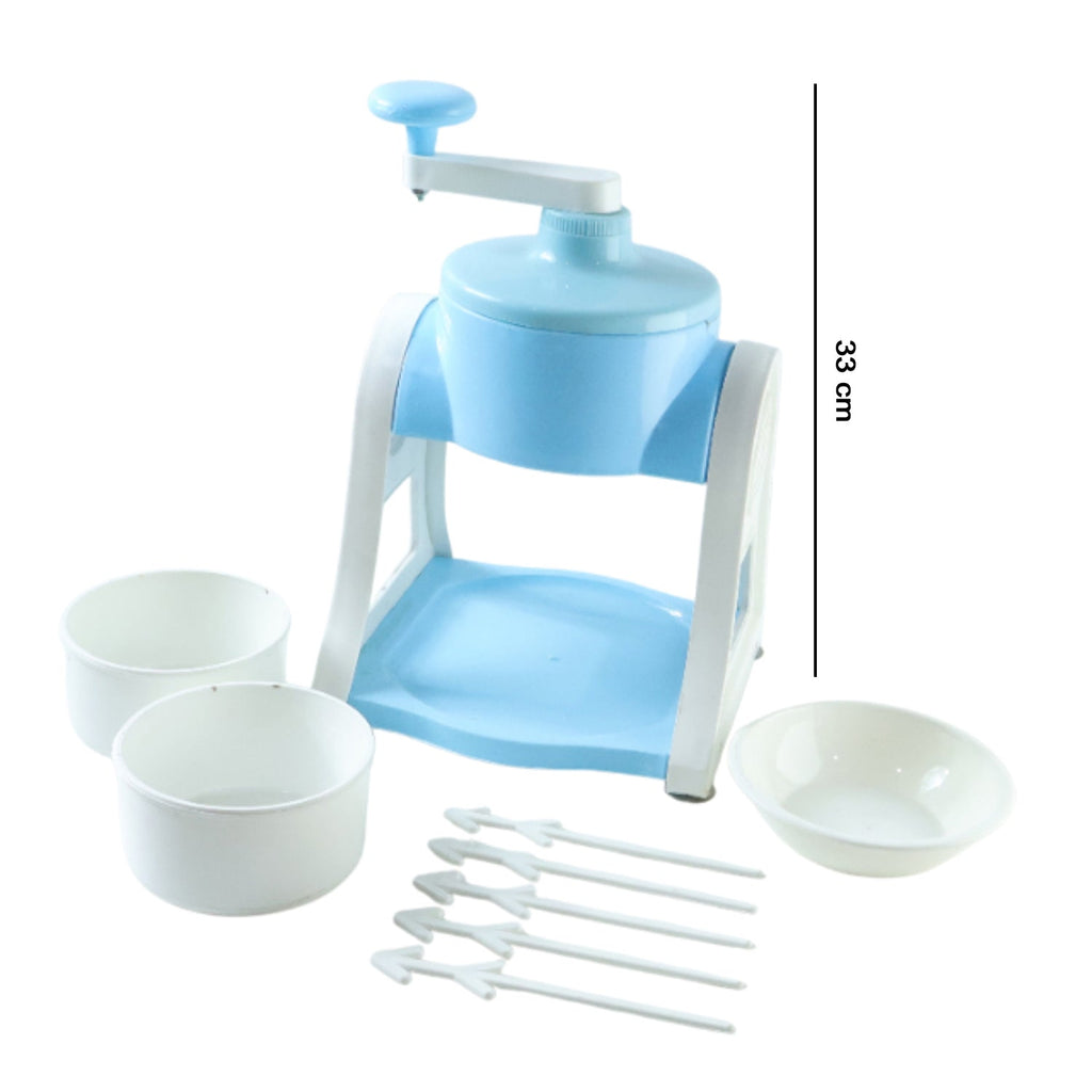 Blue colored manual portable ice crusher and slush maker for homemade treats