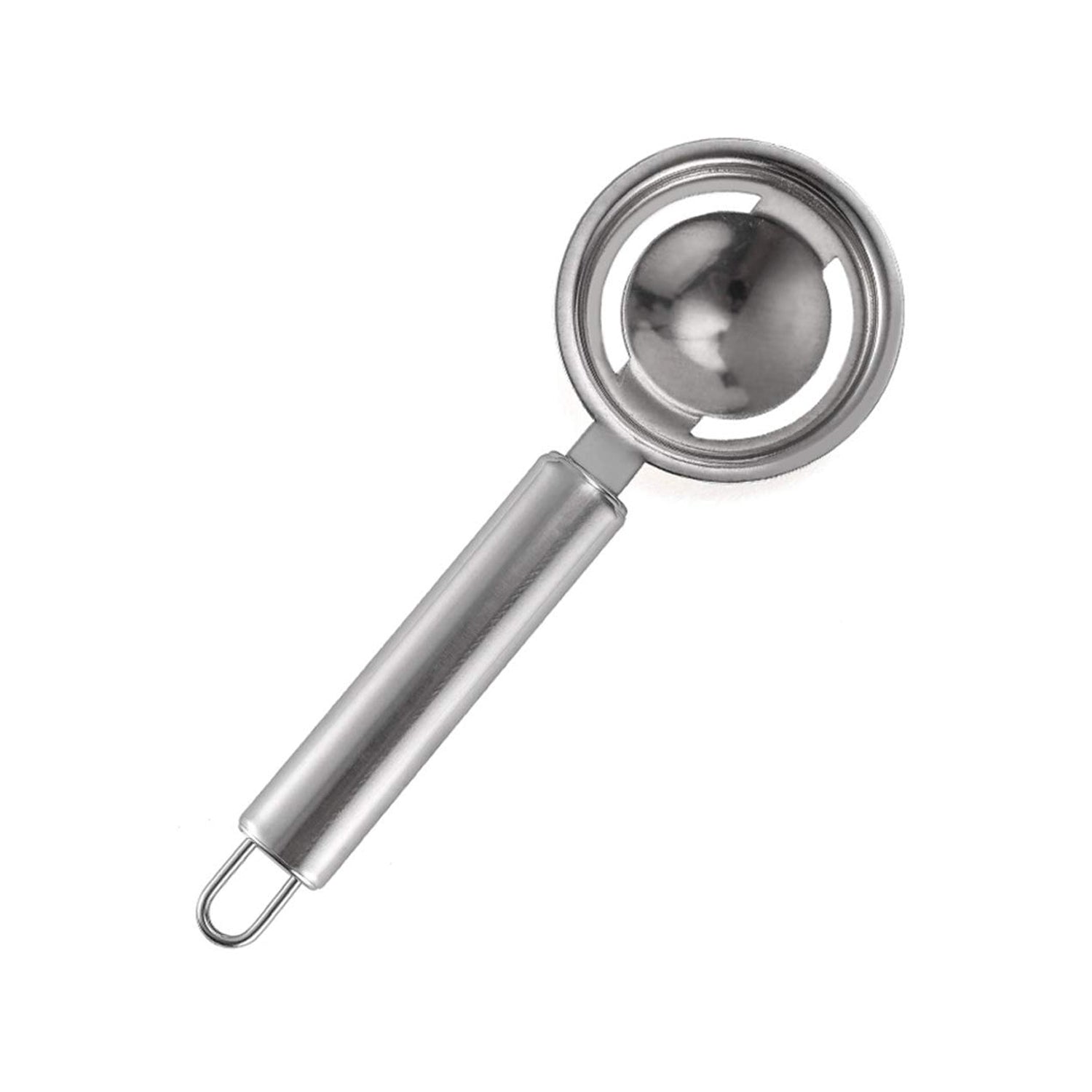 Angled view of the stainless steel egg white separator, a practical cooking gadget.