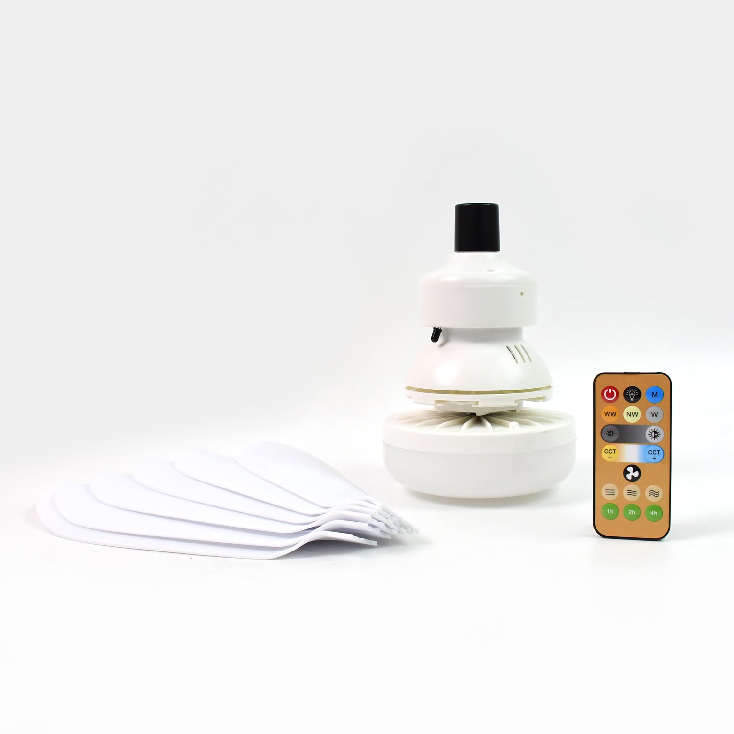 LED fan displaying its three distinct lighting modes: cool, warm, and natural white.