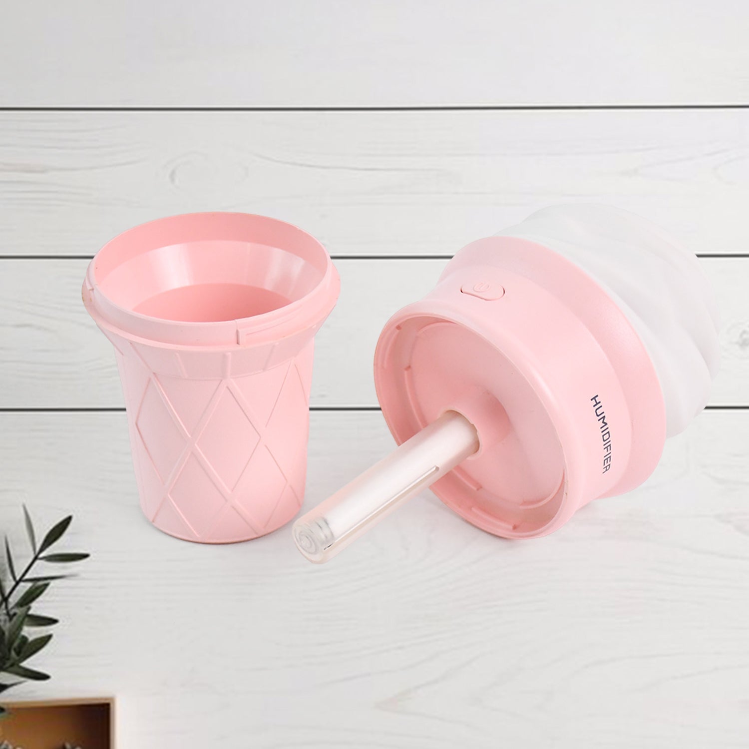 Portable pink ice cream cone humidifier with cool mist and LED light