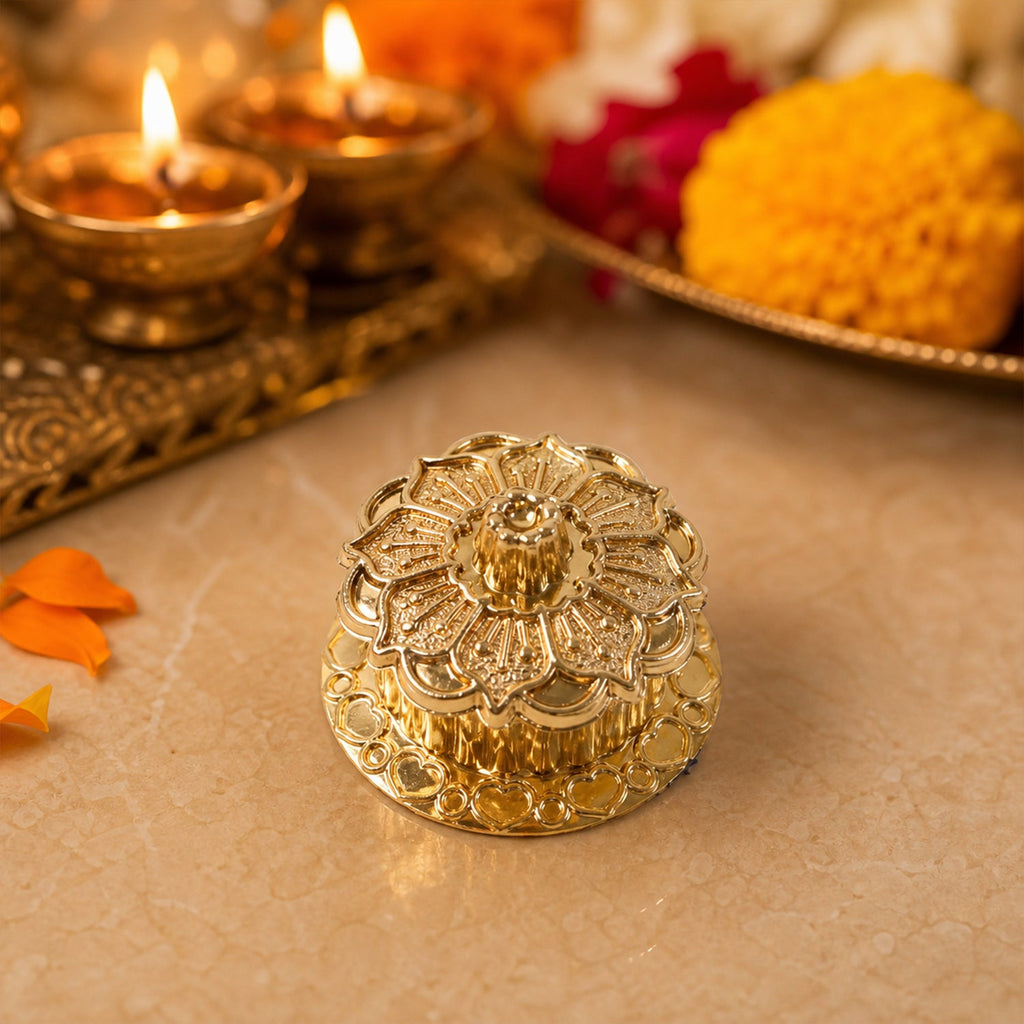 Golden kankavati enhancing mandir pooja setup decoration