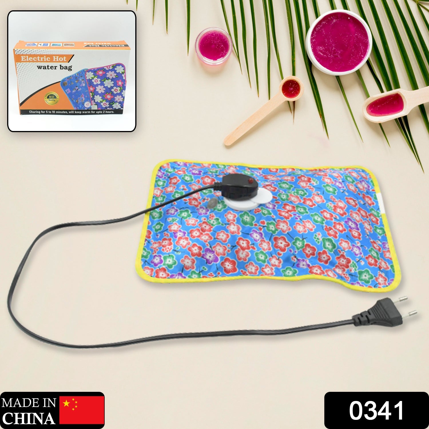 Rechargeable hot water bag plugged in for quick heating, showing the charging port.