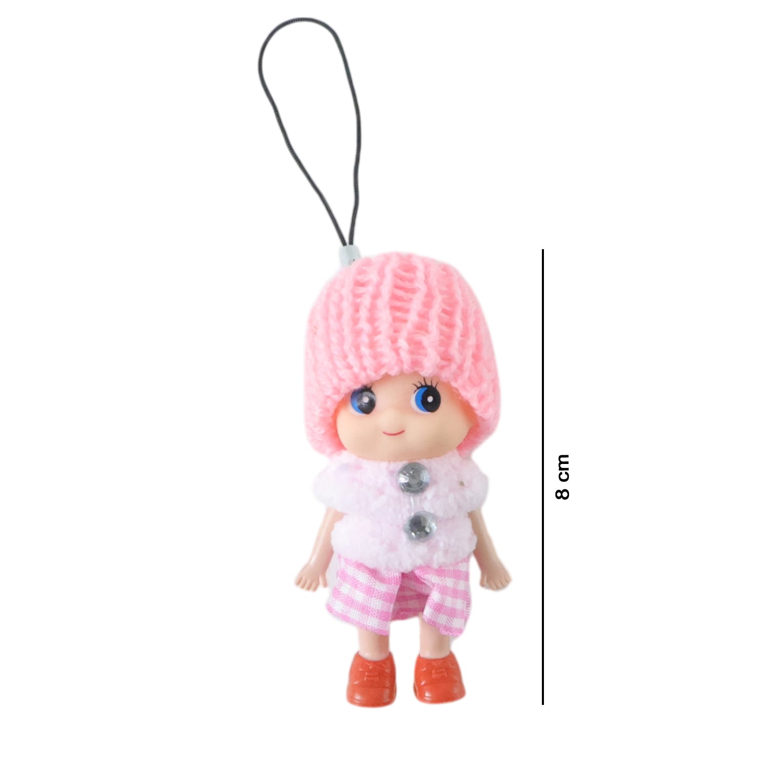 Front view of mini doll keychain showing detailed facial features