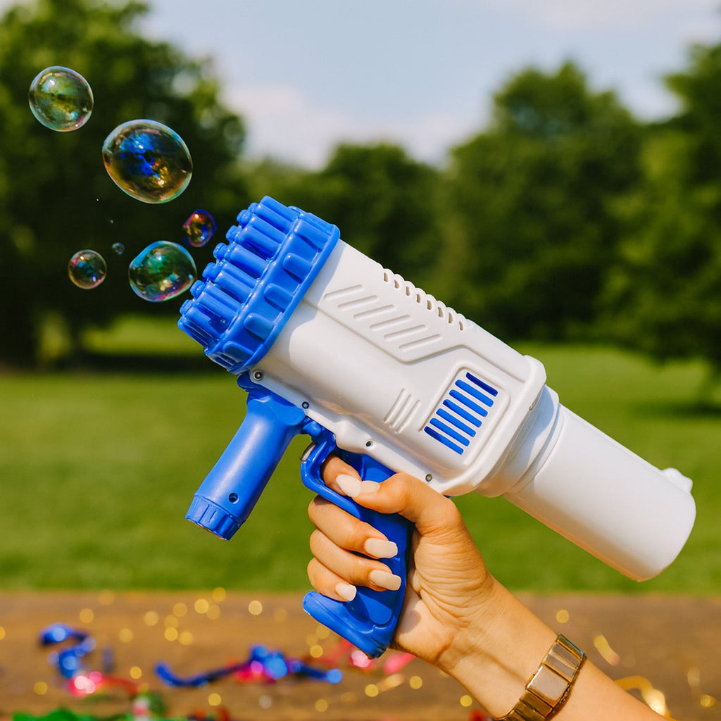 The 32-hole bubble gun toy set with included bubble solution.