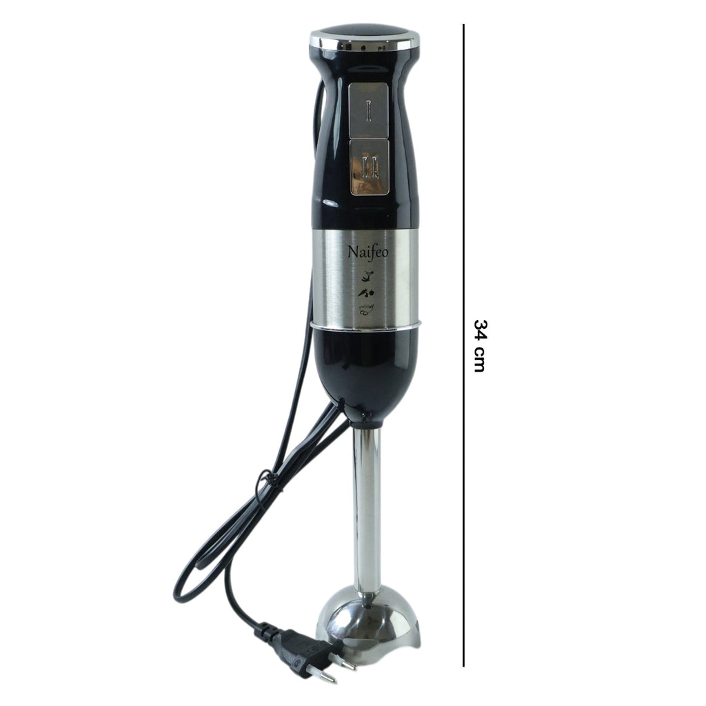 Portable hand blender with stainless steel body and 300W motor on table