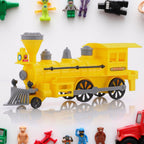 Vibrant Pull Back Train Toy with LED lights illuminated, side view.
