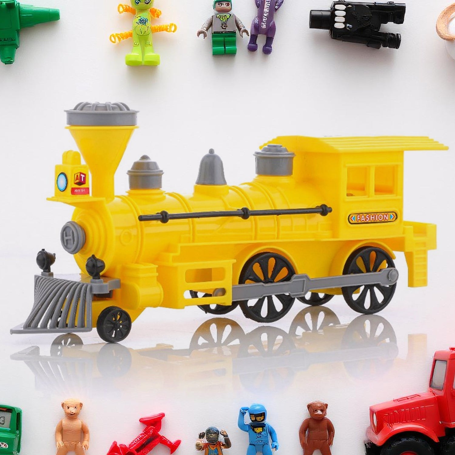 Vibrant Pull Back Train Toy with LED lights illuminated, side view.