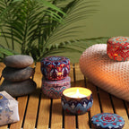Mandala printed metal tin jar container used for candles or small items
