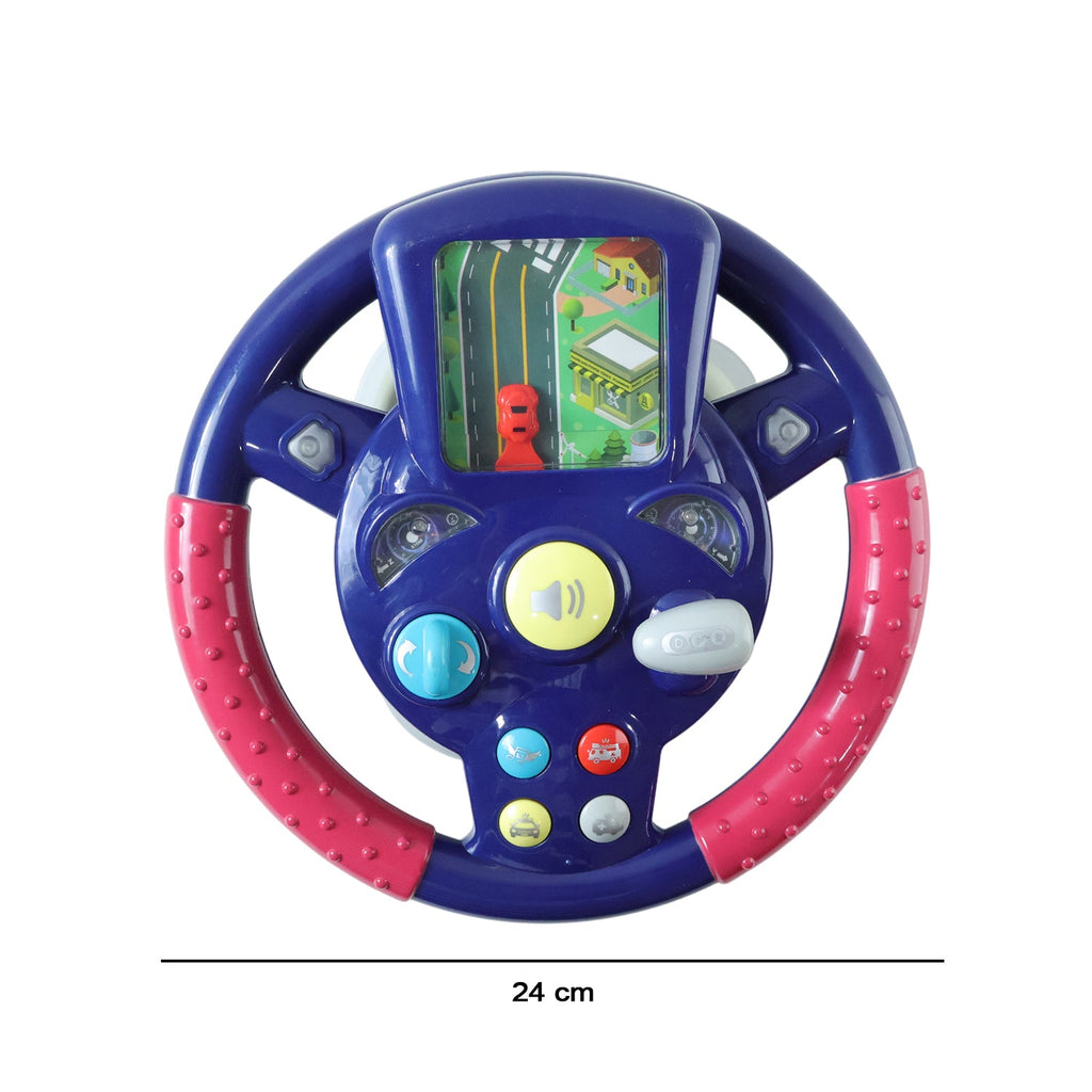 Side view of colorful musical steering wheel toy for early childhood play