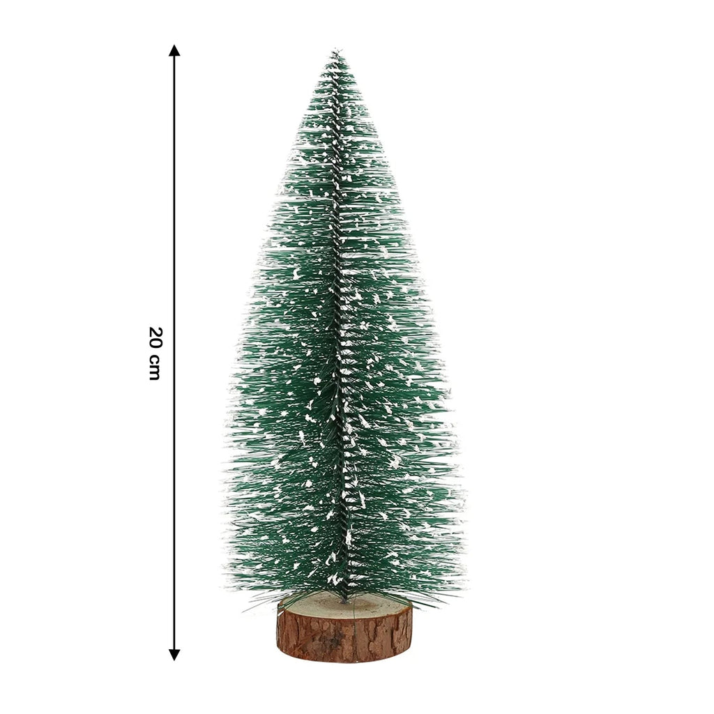 Festive tabletop mini Christmas tree with snow effect and natural wooden stand