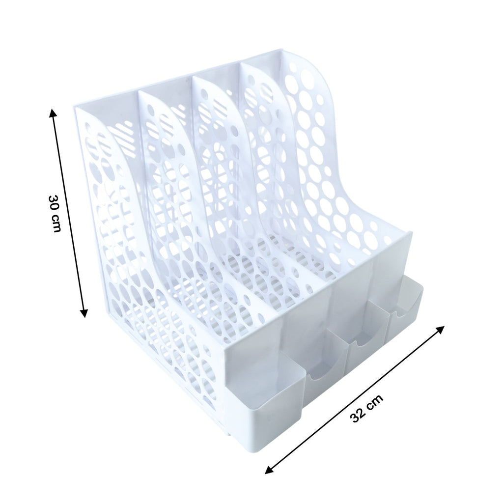 Top view of multipurpose desk organizer showing slots and open-grid design.