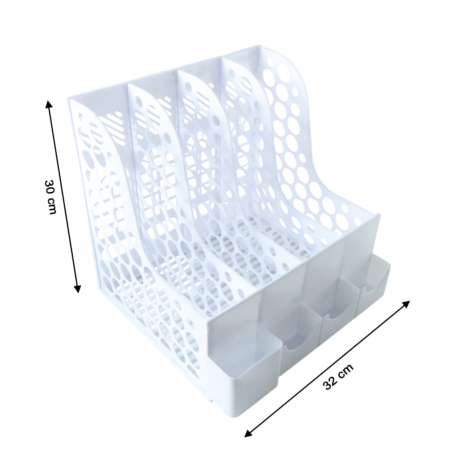 Top view of multipurpose desk organizer showing slots and open-grid design.