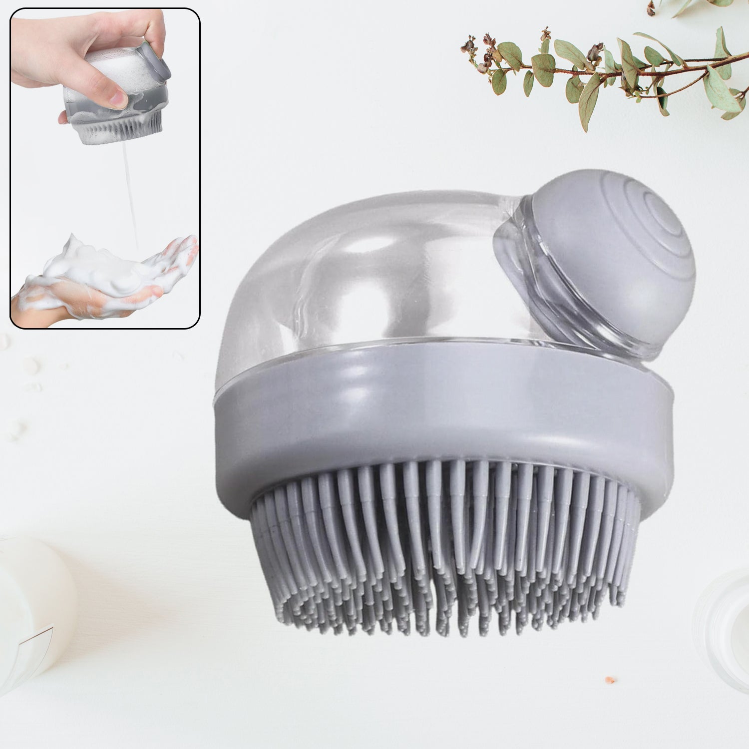 Top view of ergonomic handle on silicone scalp massager brush