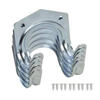 Heavy duty tool hanger hooks mounted on a garage wall, securely holding various garden tools.