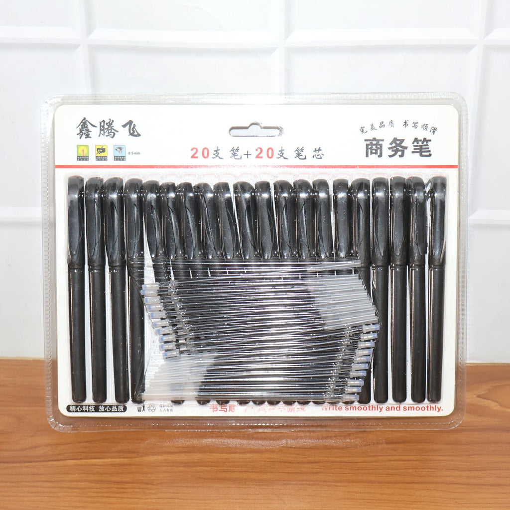 Marker pen set display showing refill sticks alongside the 20 refillable black marker pens