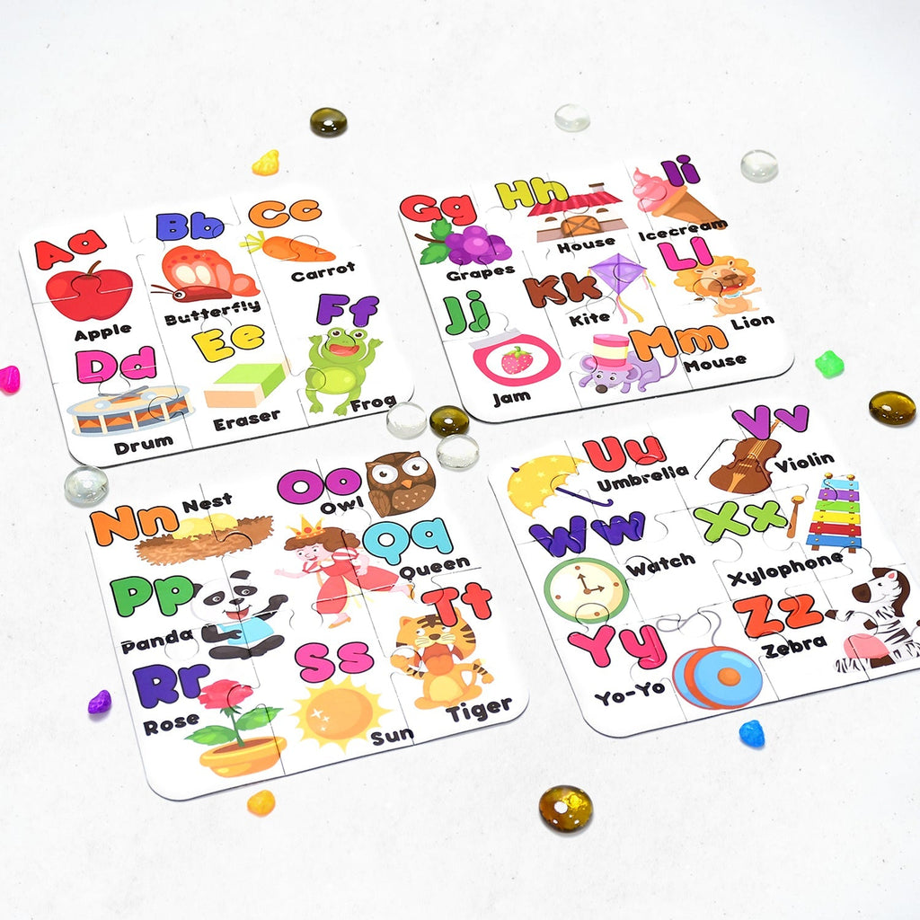 Colorful ABC jigsaw puzzle set for children, promoting early learning.