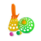 Full view of the colorful catapult ball toy, showcasing its compact design.