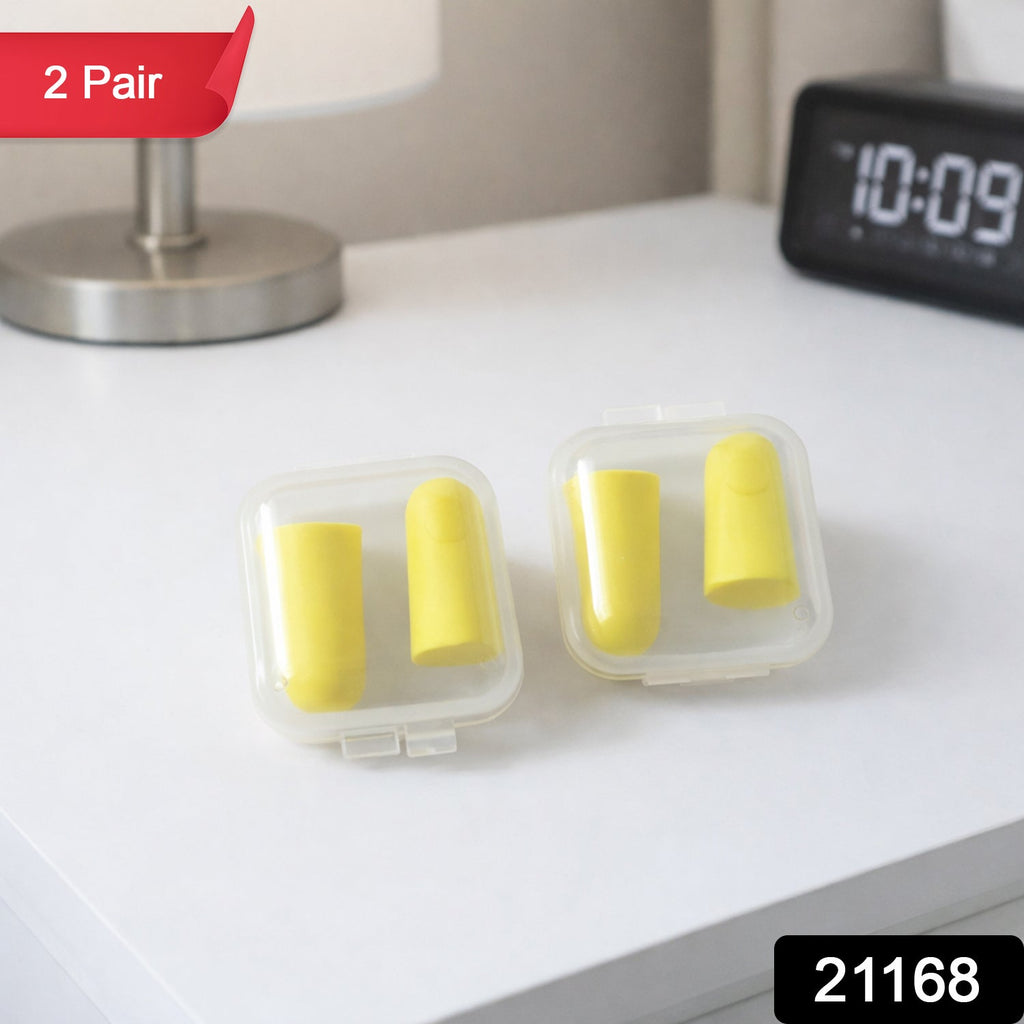 Pair of soft foam noise reduction ear plugs inside a clear case
