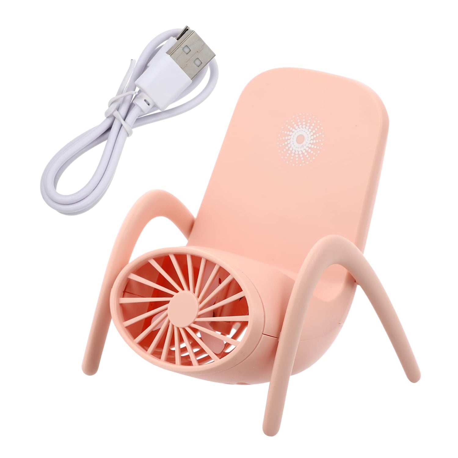 Close-up of the Portable Phone Holder Fan's three-speed button and USB charging port.