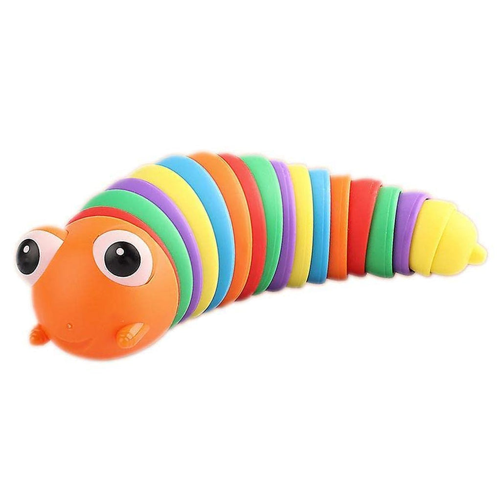 Child's hands gently playing with the colorful rainbow slug fidget toy.