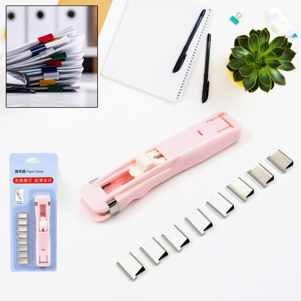 Papezo Paper Clamp Dispenser with eight reusable clips on a white background.