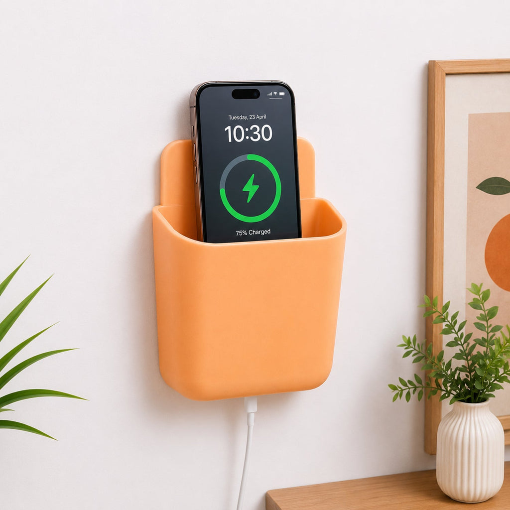 Wall Mounted Storage Pocket holding mobile phone and remote for home organization