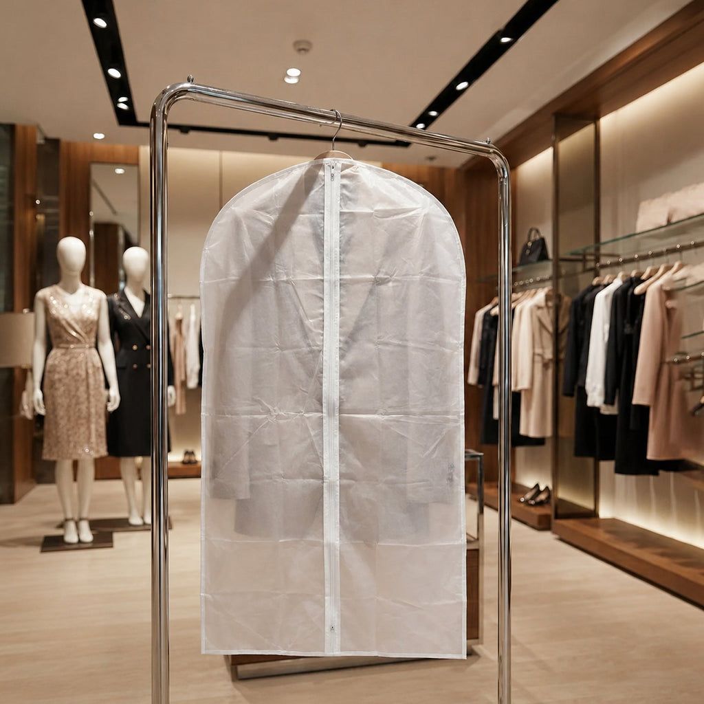 Store display featuring multiple suit covers for wardrobe storage.