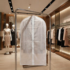 Store display featuring multiple suit covers for wardrobe storage.