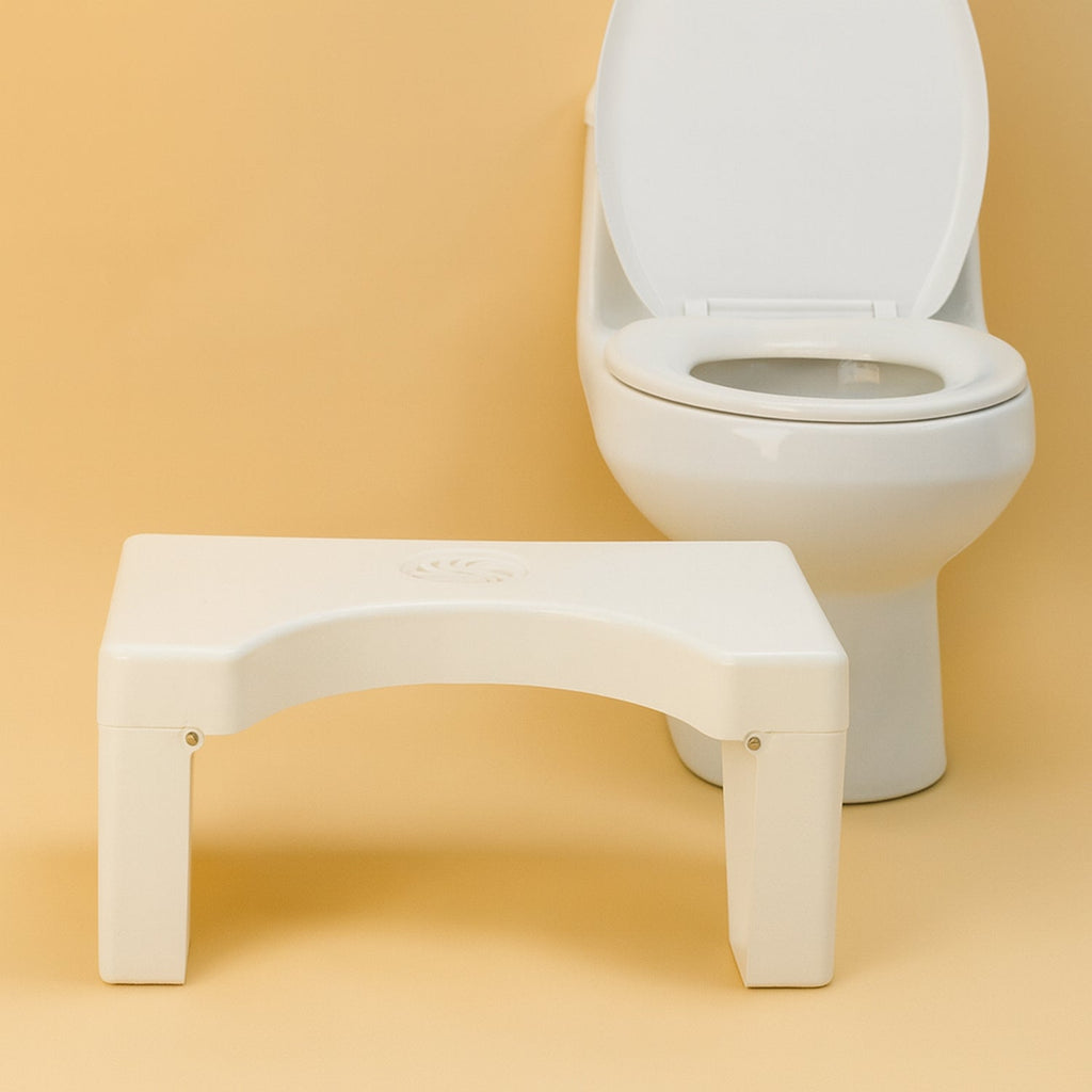 Diagram illustrating the health benefits of using a toilet squat stool.