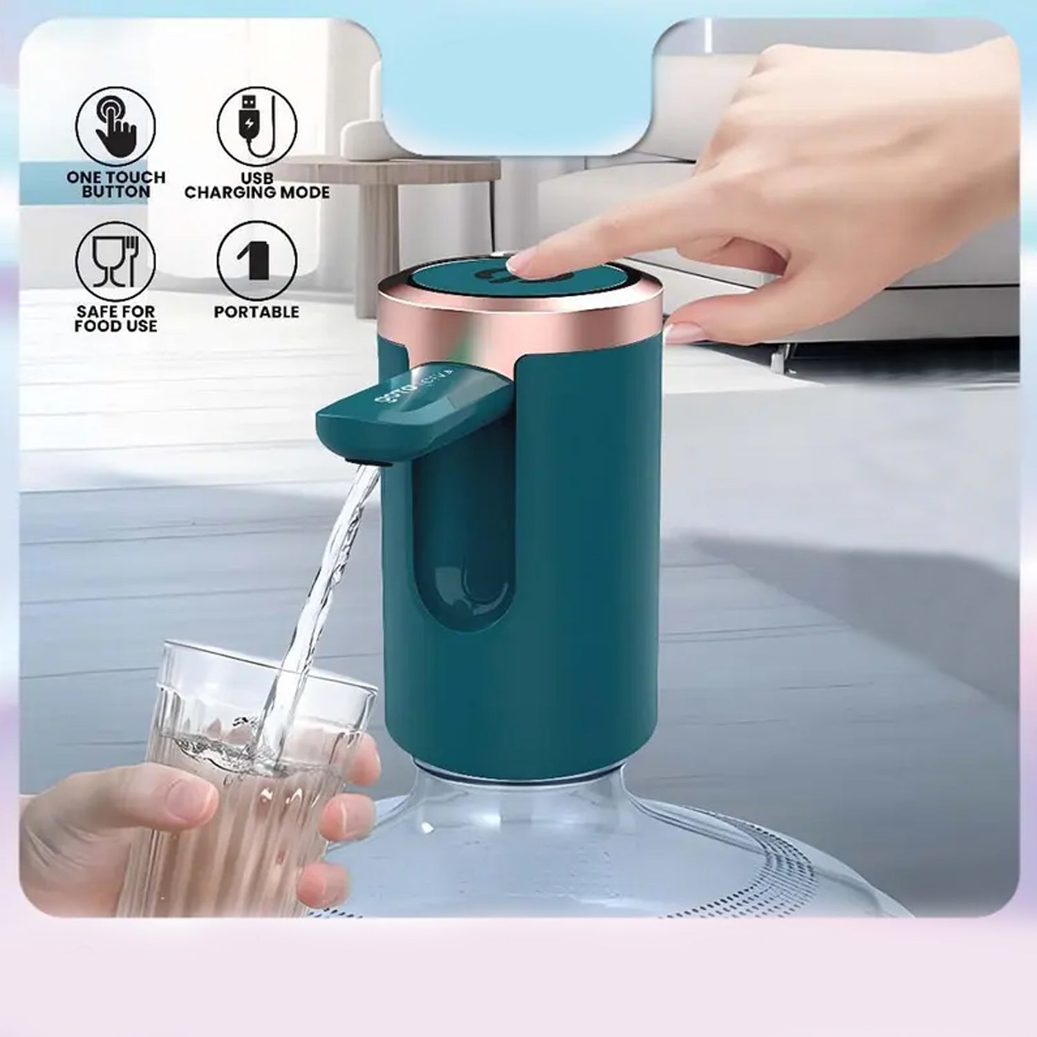 Infographic highlighting the key features and benefits of the USB rechargeable water dispenser.