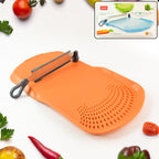 Cut 'n' Wash multipurpose cutting board with integrated strainer and stainless steel knife in kitchen