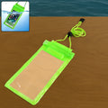 Clear waterproof mobile pouch securely holding a smartphone, ready for aquatic activities.