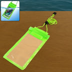 Clear waterproof mobile pouch securely holding a smartphone, ready for aquatic activities.