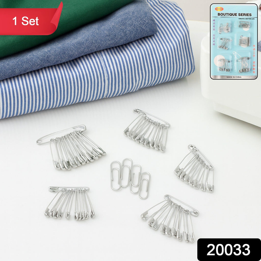 Close-up view of strong stainless steel safety pins in assorted sizes
