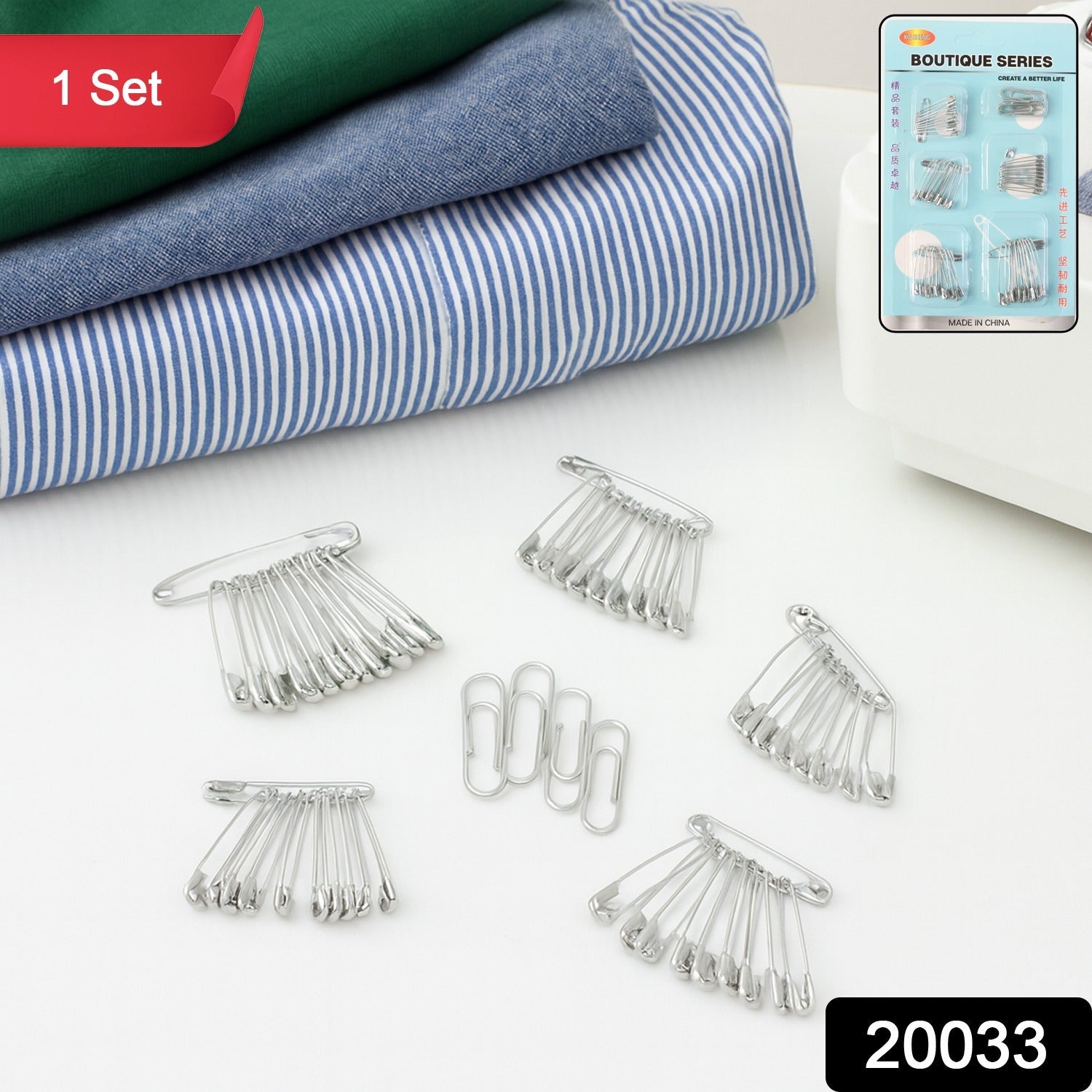 Close-up view of strong stainless steel safety pins in assorted sizes