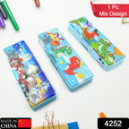 Colorful dual compartment plastic pencil case displaying a cheerful cartoon design.