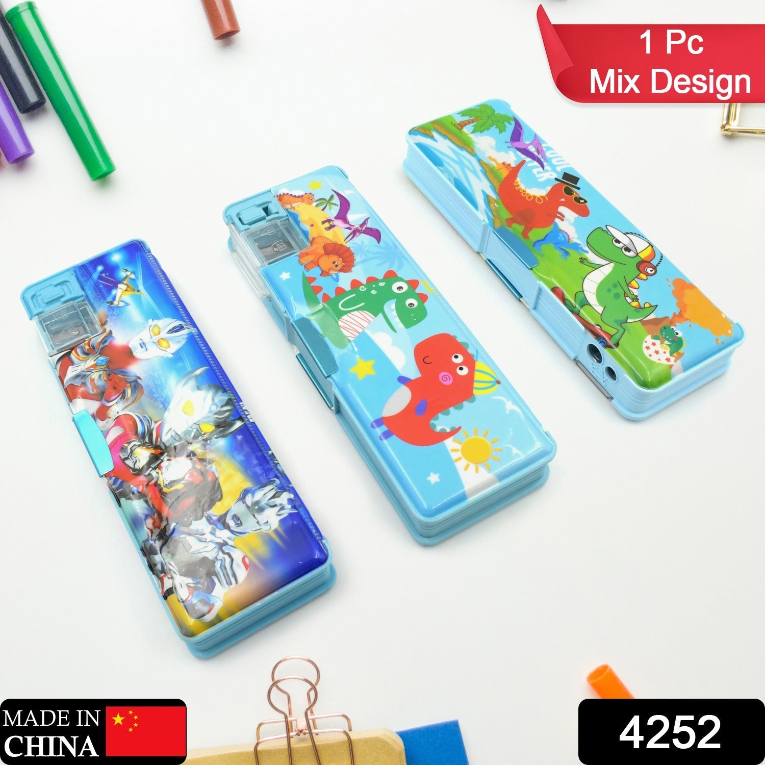 Colorful dual compartment plastic pencil case displaying a cheerful cartoon design.