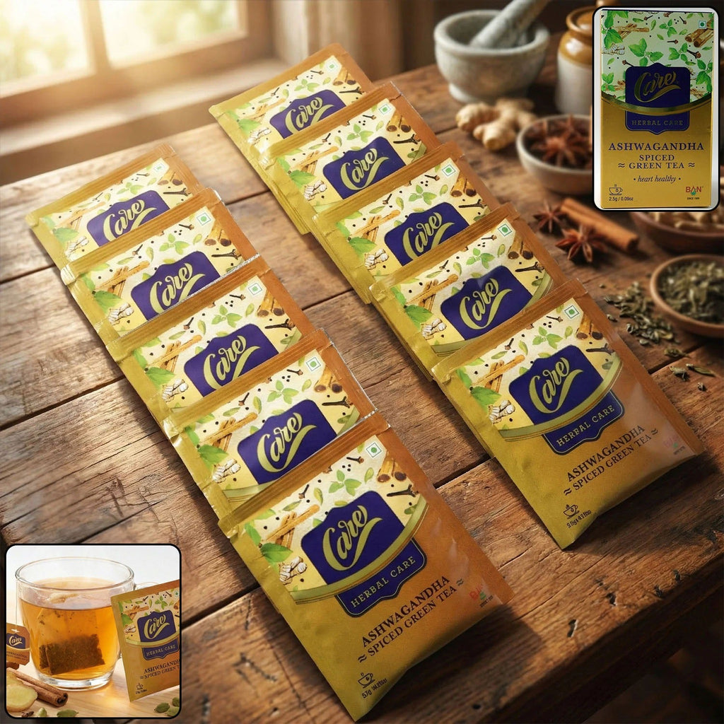 Pack of Ashwagandha Spiced Green Tea featuring aromatic spice blend and green tea leaves