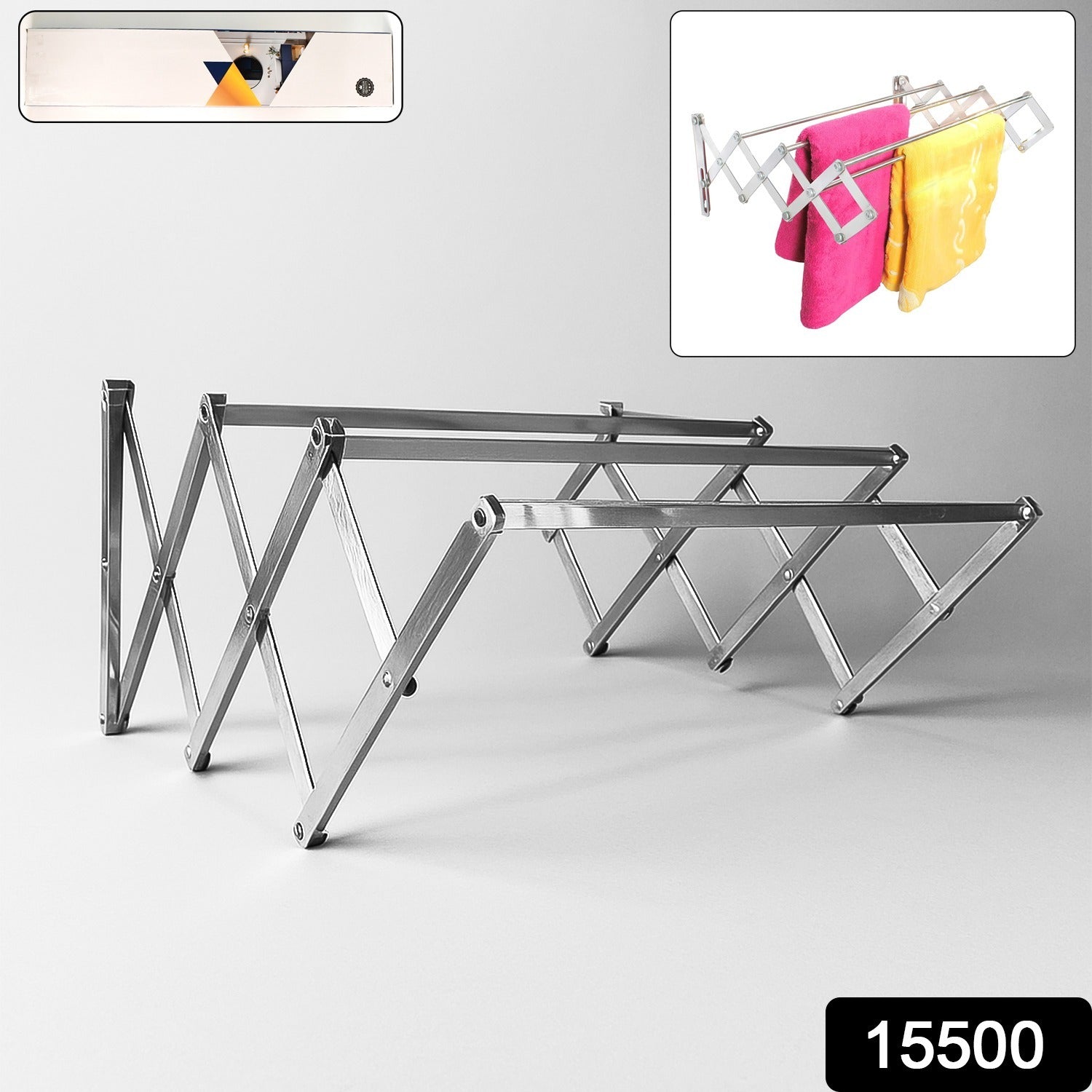 Foldable clothes drying rack showing accordion-style extension made of stainless steel