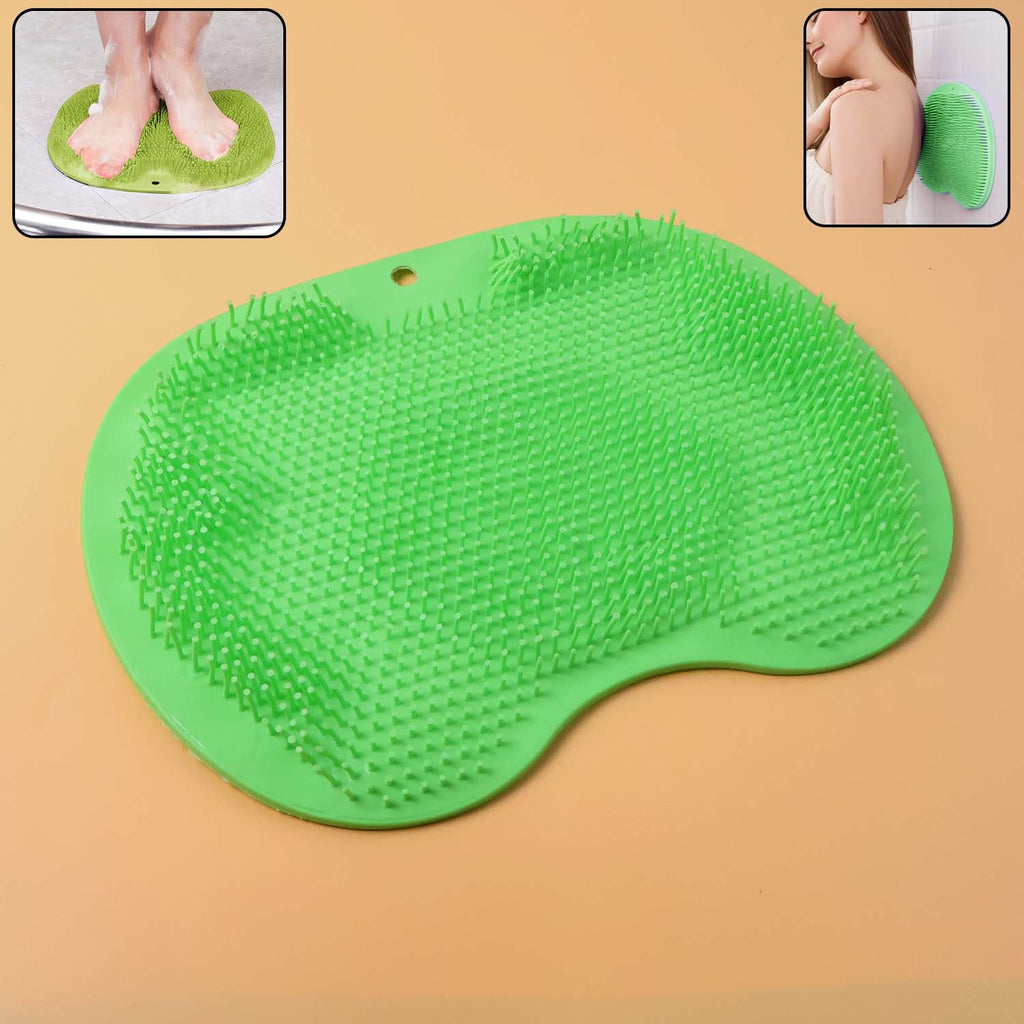Green silicone bath massage cushion with suction cups for exfoliating foot scrubber mat