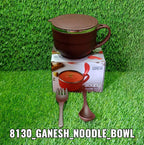 Person enjoying noodles from the insulated steel bowl with spoon.