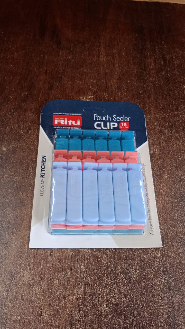 Close-up view of Ritu plastic pouch sealer clips highlighting their design.