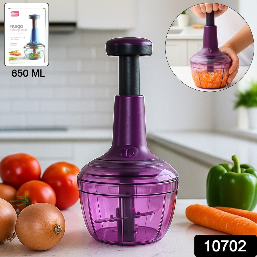Compact manual vegetable chopper showing push-down mechanism and handle