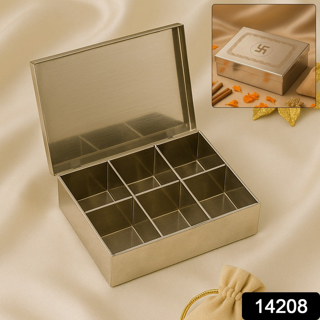 Open stainless steel organizer showing 6 compartments for various jewelry items.
