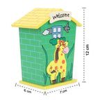 The wooden piggy bank with coins being inserted into the slot.