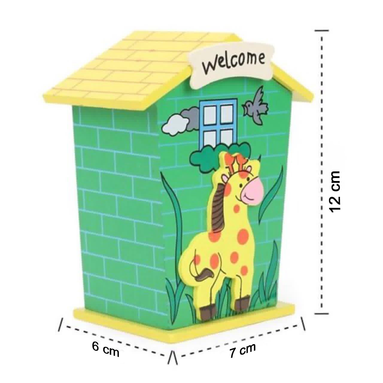 The wooden piggy bank with coins being inserted into the slot.