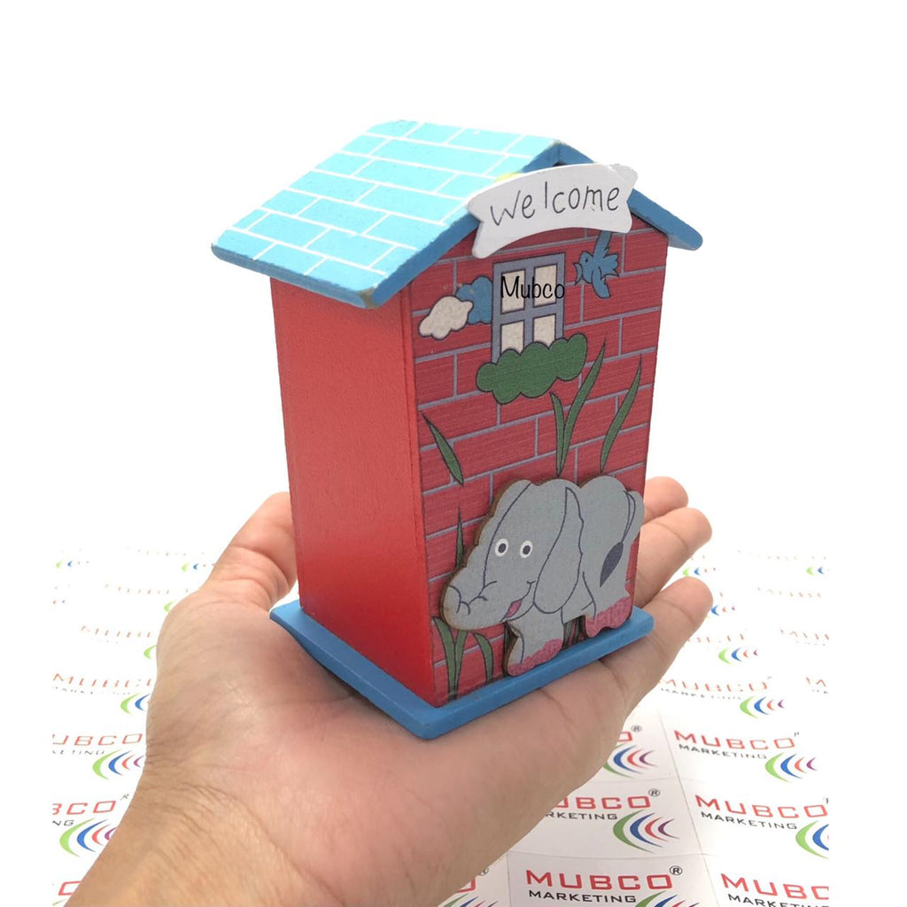 The wooden piggy bank displayed in a child's room, encouraging saving habits.