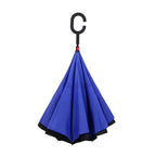 Ergonomic C-shaped handle of the reverse umbrella for hands-free convenience.