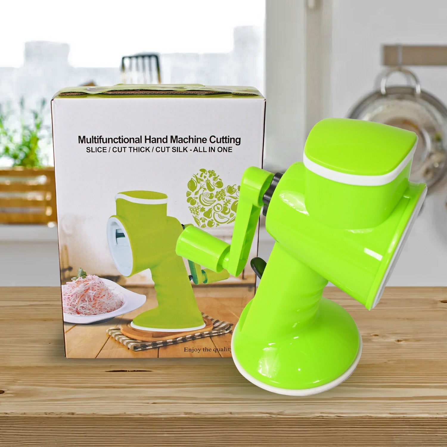Compact Quickslice vegetable chopper made from BPA-free plastic and stainless steel.